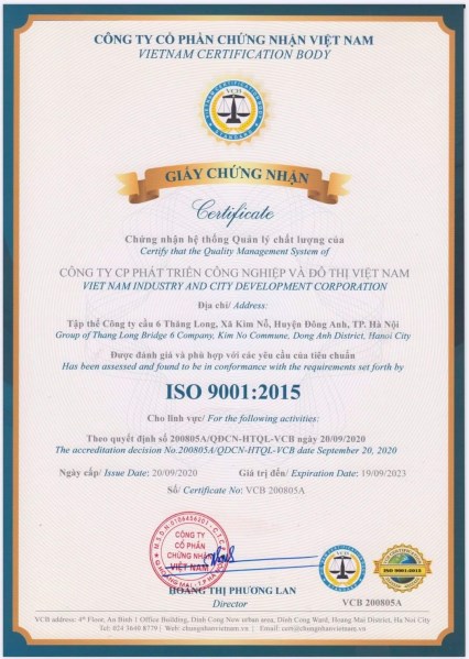 Chứng nhận ISO 9001:2015 - Thiết Bị Vệ Sinh Môi Trường ICD - Công Ty CP Phát Triển Công Nghiệp Và Đô Thị Việt Nam (ICD)